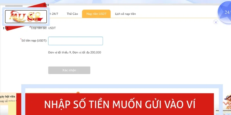 Điền mức vốn muốn nạp vào ví nhà cái